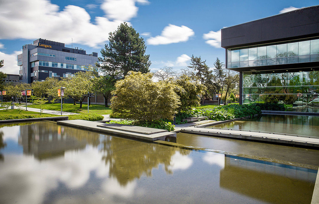 The Langara College campus near the pond.