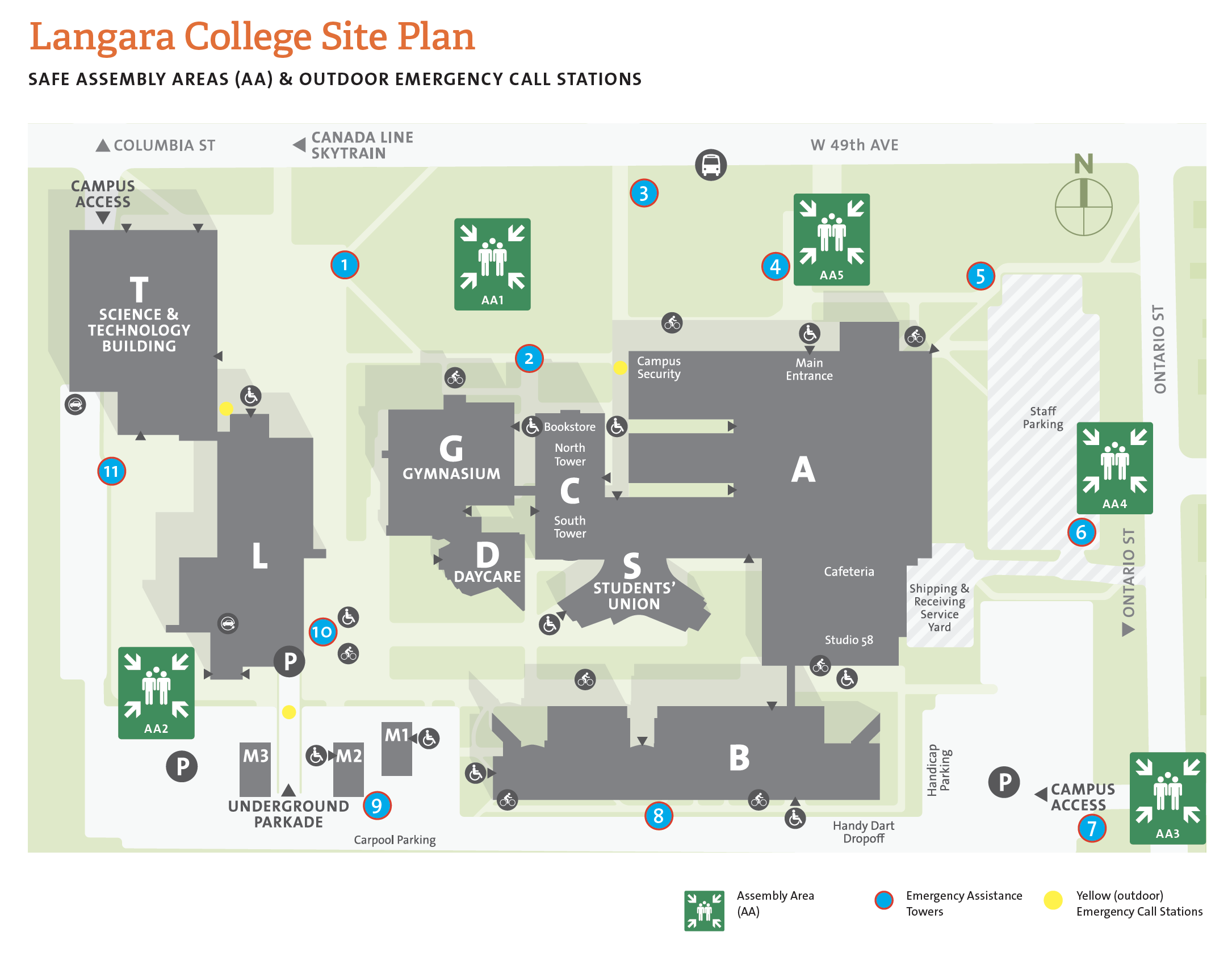 campus map with emergency assembly areas