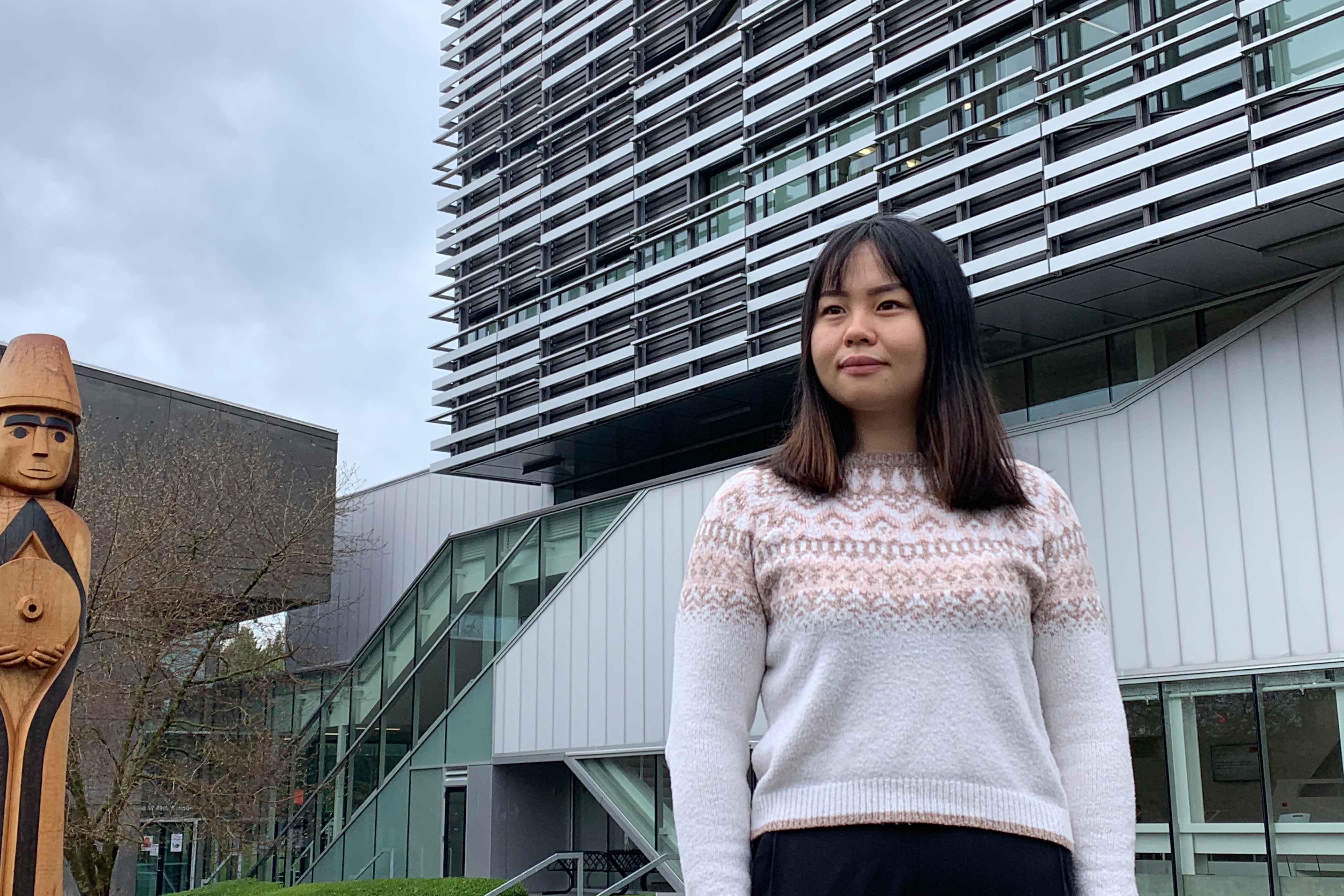 Alumna YunYing Wu in front of the Technology Building