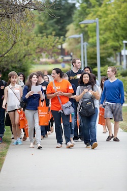 New students tour the Langara campus with a VOLT volunteer
