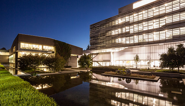 science and technology building lit at night