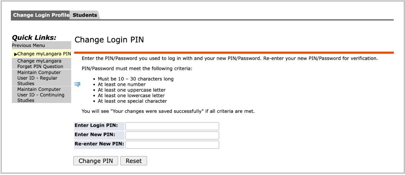 Screenshot of where to change the log in PIN