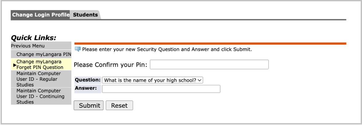 Screenshot of where to change security questions