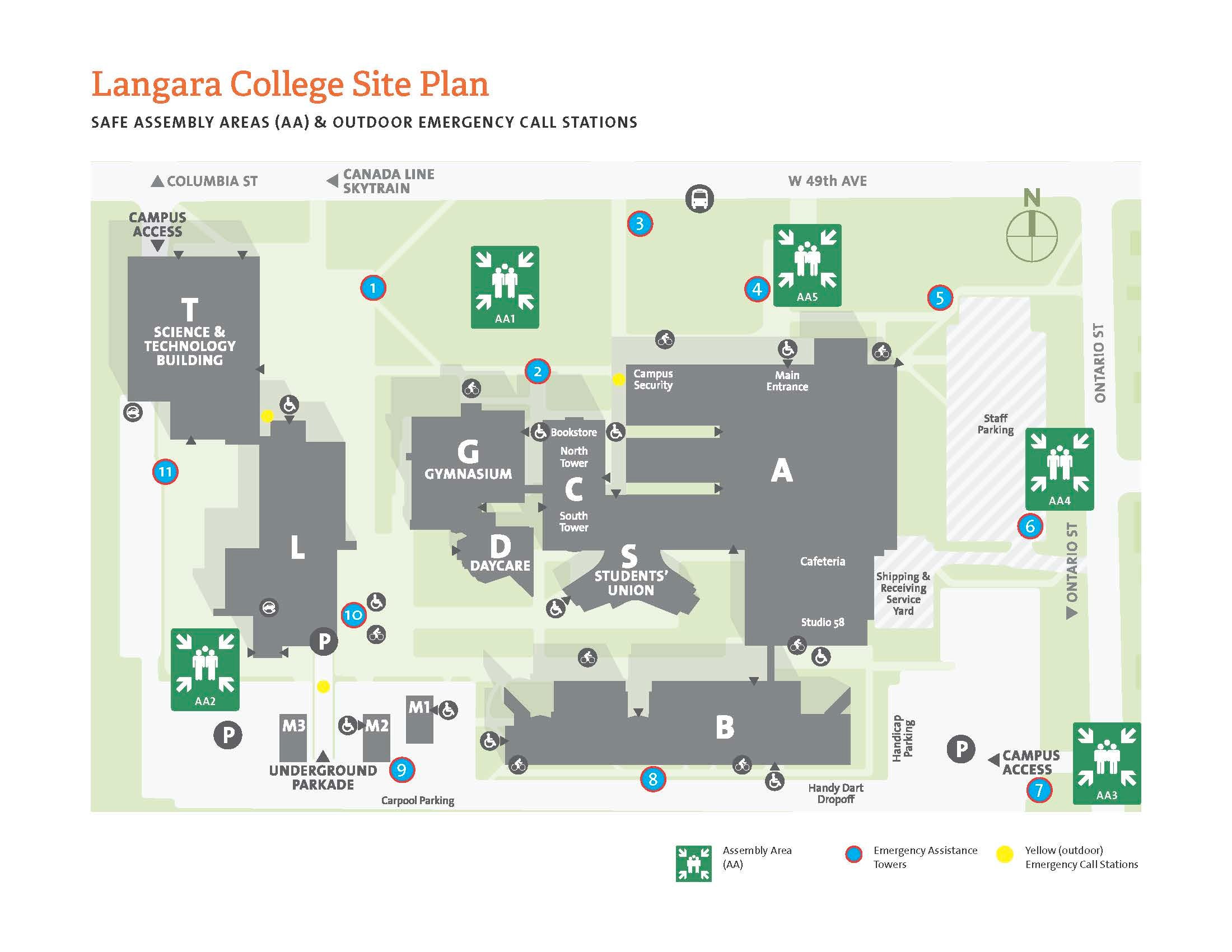 A map showing locations for Safe Assembly Areas, Outdoor Emergency Call Stations, and Emergency Assistance Towers at the Langara Main Campus.
