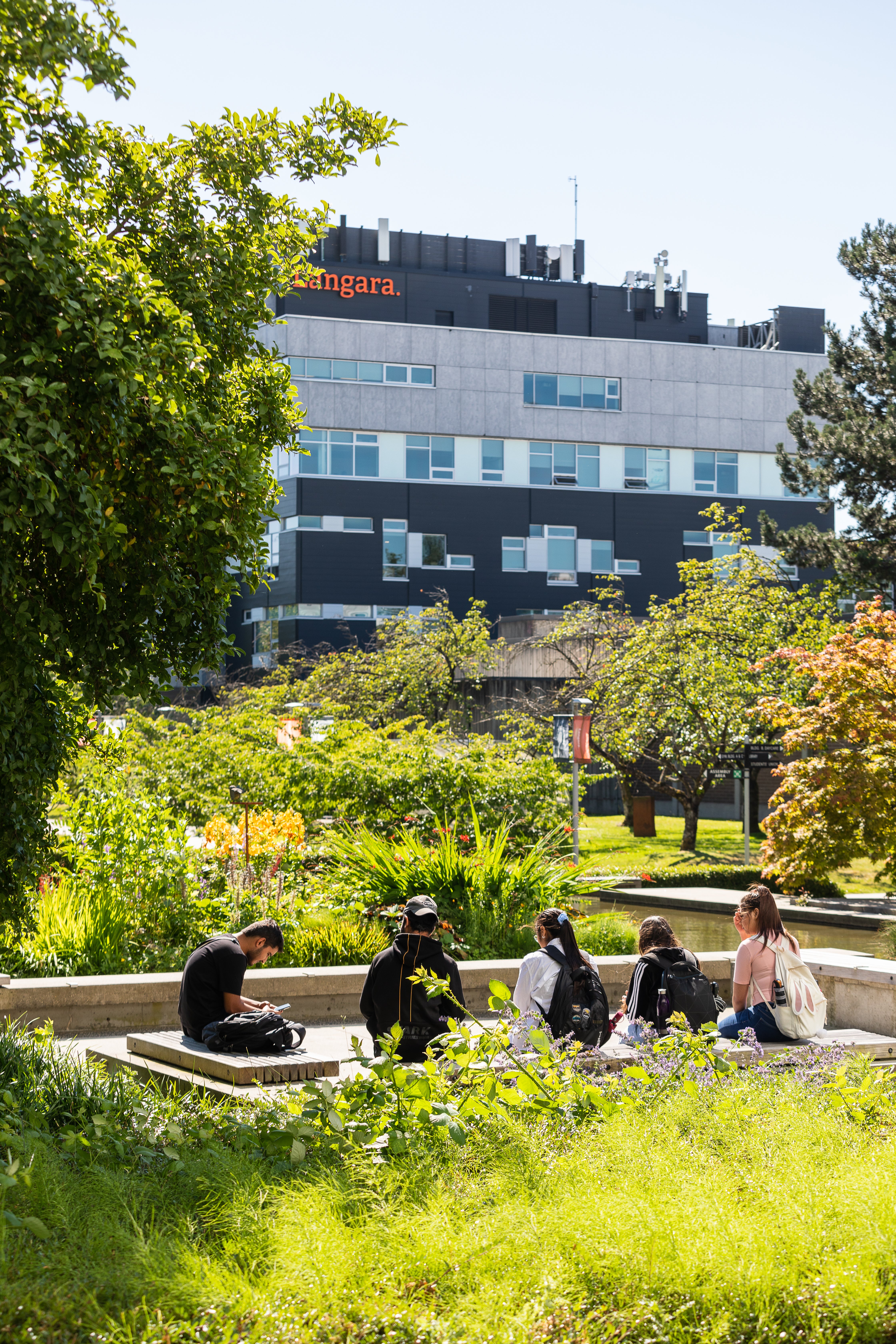 Five students sit on benches on campus.