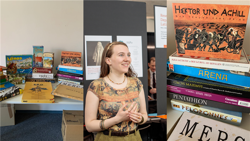 Nina Houle in the center. Board games relevant to her classical studies on the left and right.