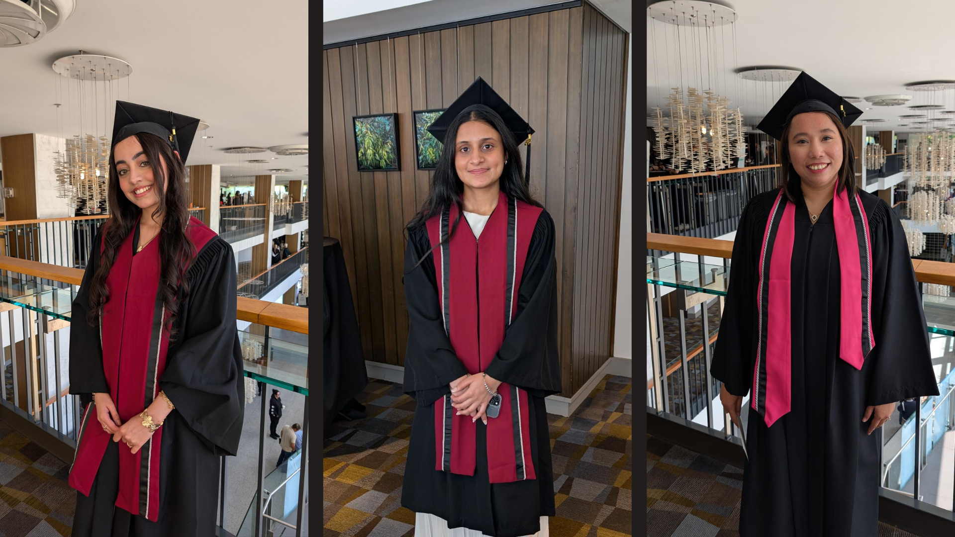 Graduates Khushi Salwan, Arshnoor Kaur, and Hnin (Elisa) Pwint wearing their convocation regalia at Queen Elizabeth Theatre.