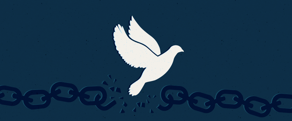 Emancipation Day banner - a black chain on a navy blue background is broken by a white dove.