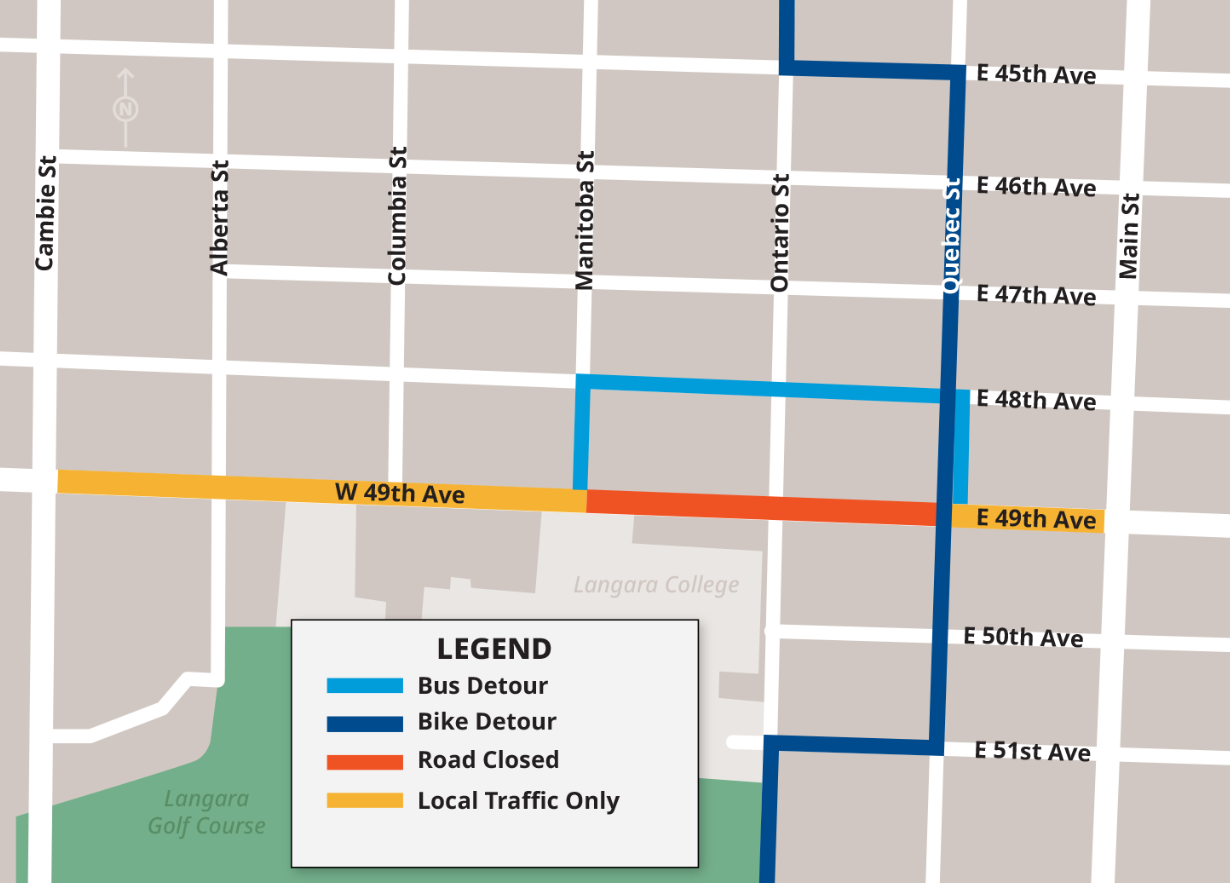 A map showing the intersection closure at 49th and Ontario, bus detour north to 48th Ave., and cycle detour east to Quebec St.