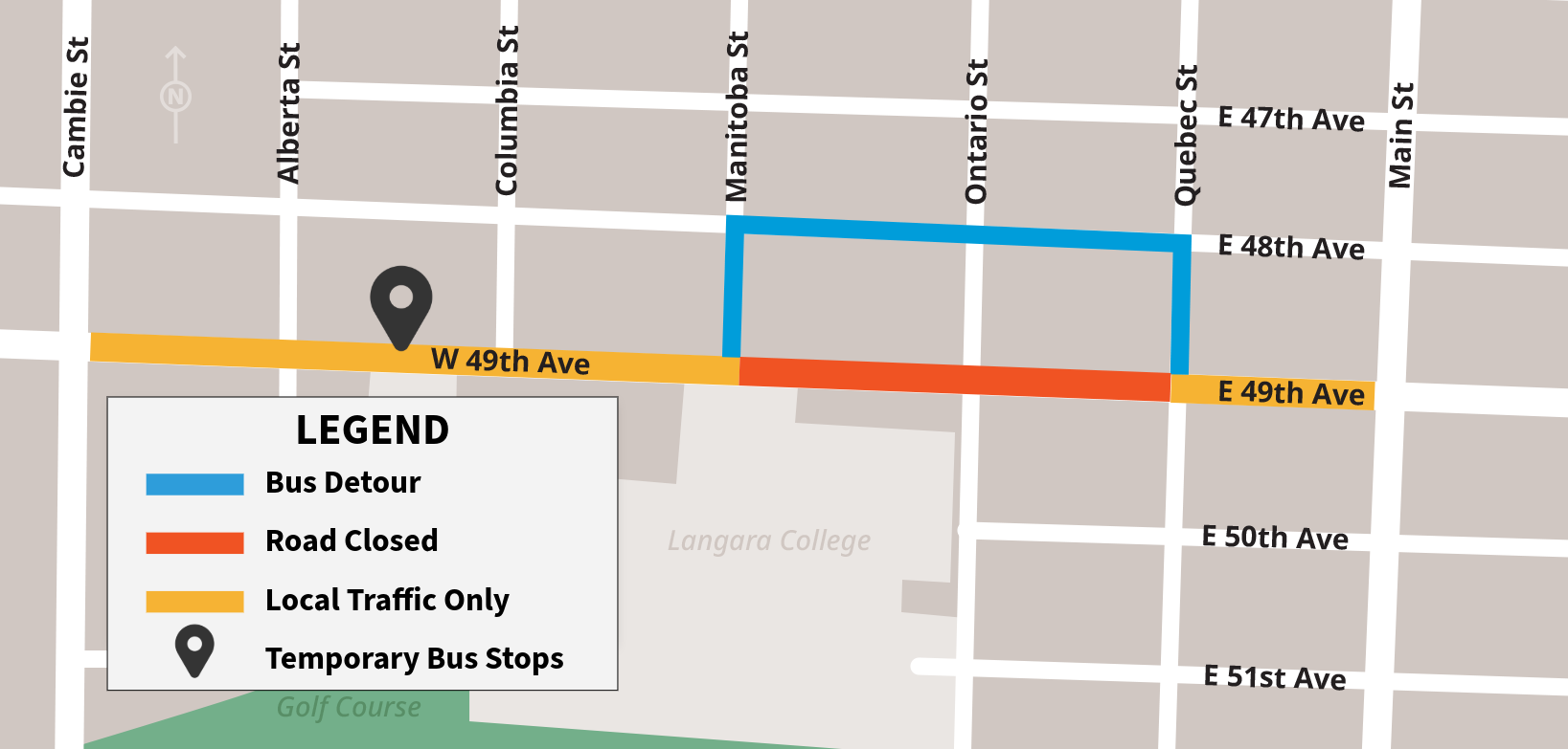 A map showing the intersection closure at 49th and Ontario, bus detour north to 48th Ave., and cycle detour east to Quebec St.