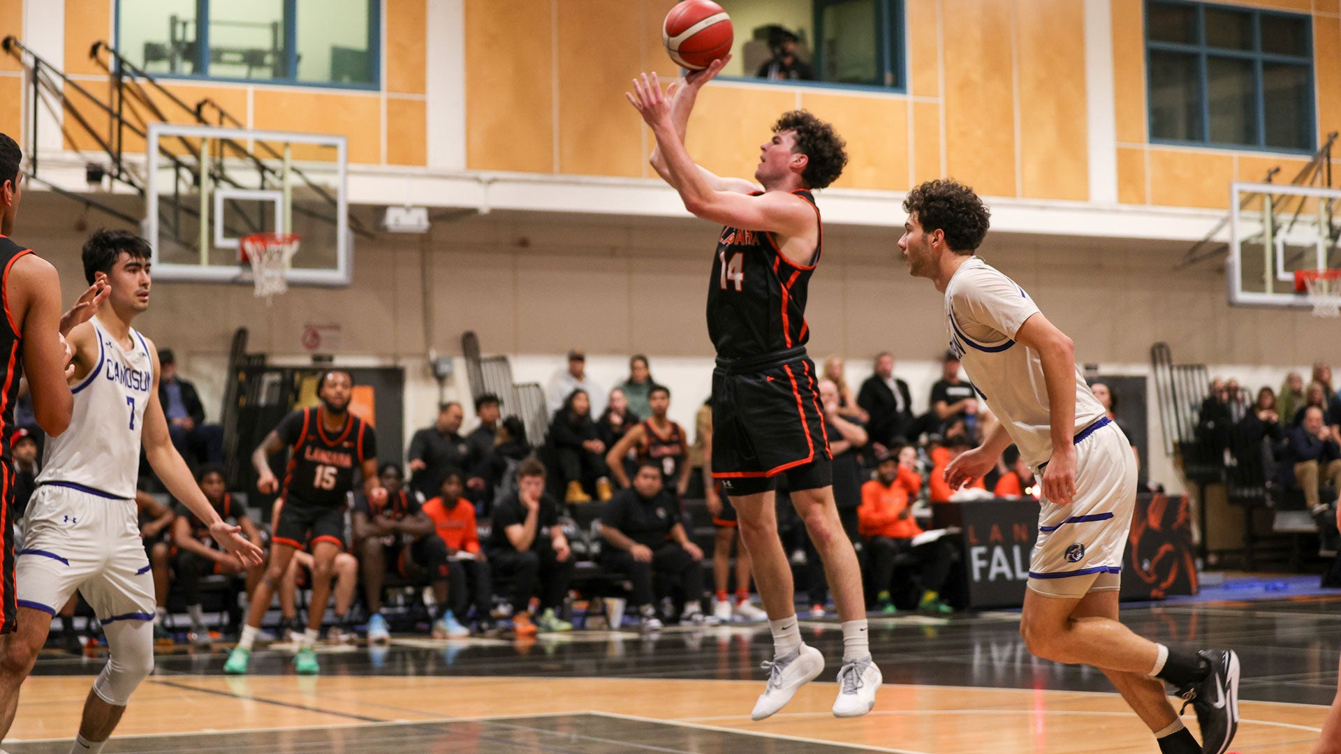 Falcons men's basketball player jumping