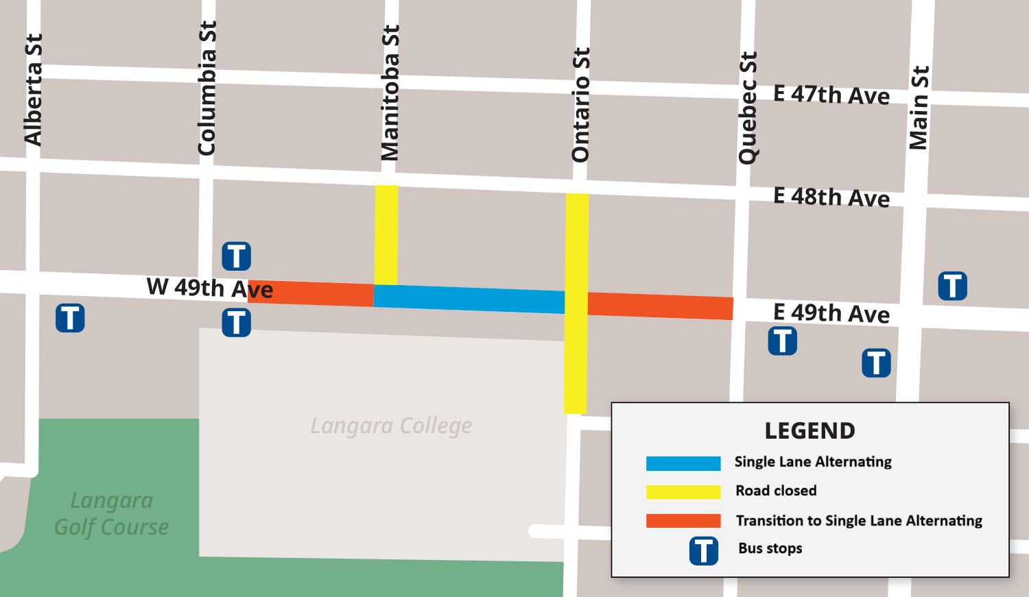 A map showing single lane alternating traffic on 49th Ave and temporary bus stops at Columbia St