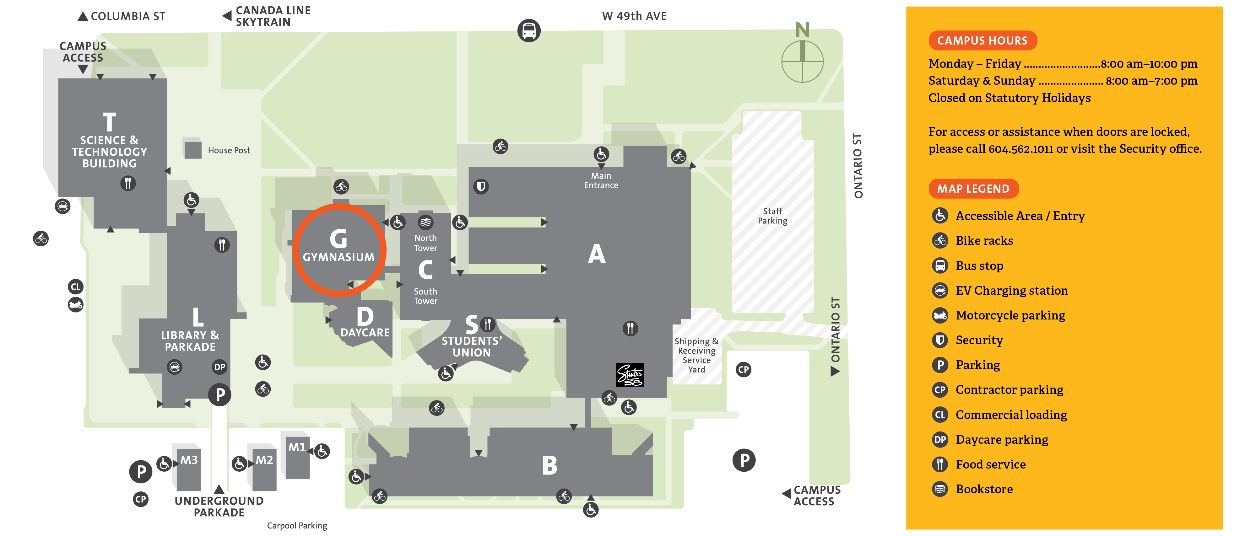 Langara campus map with gym highlighted
