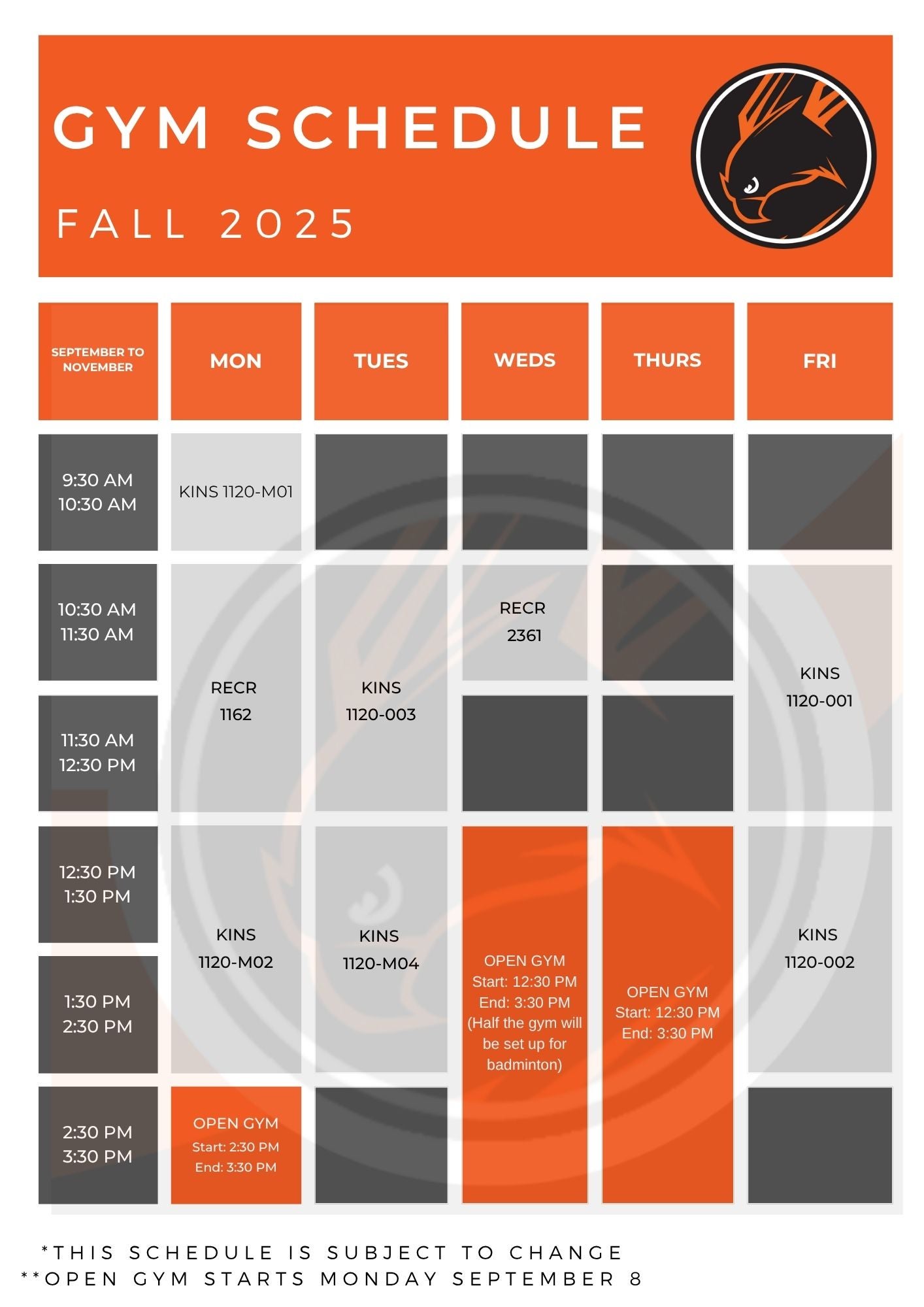 Gymnasium Schedule for Fall 2025