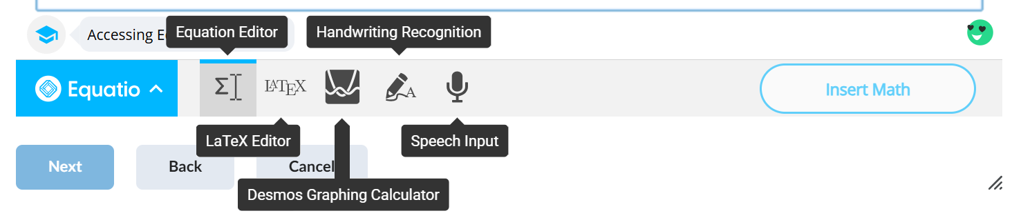 Screenshot of Equatio Brightspace toolbar with the various tools labelled
