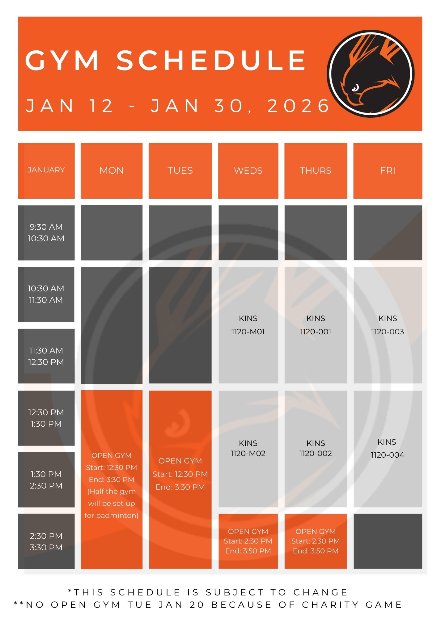 Gymnasium Schedule for Jan 2026