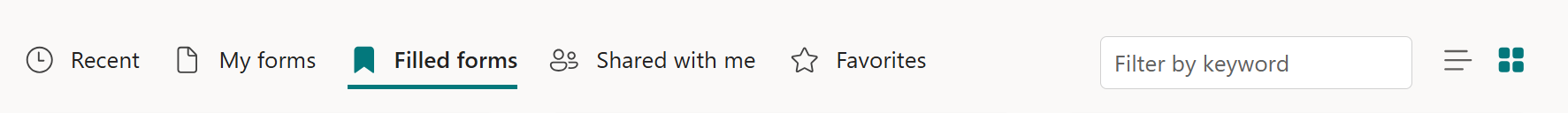 Screenshot of Microsoft Forms interface focused on the Filled Forms tab