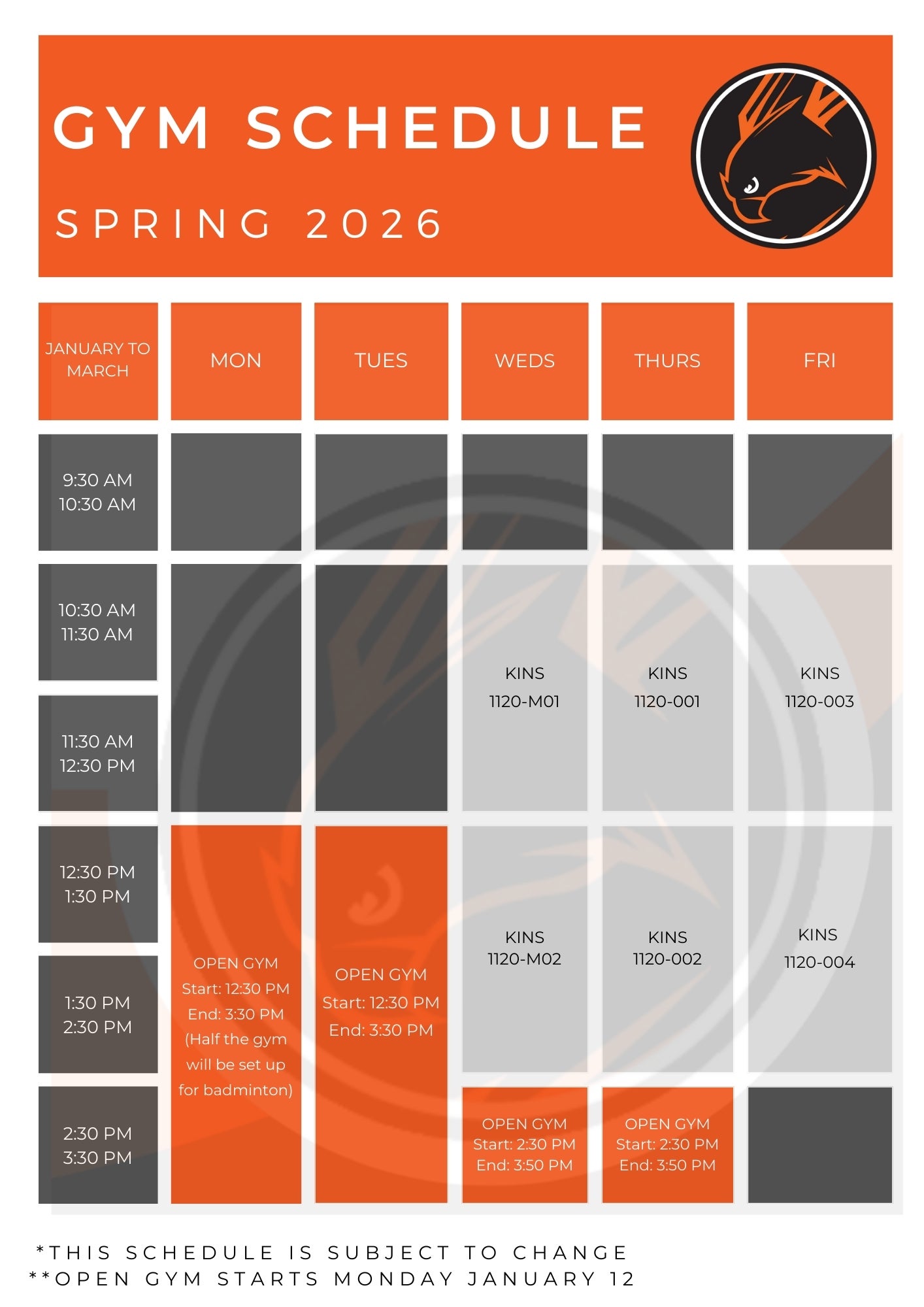 Gymnasium Schedule for Spring 2025