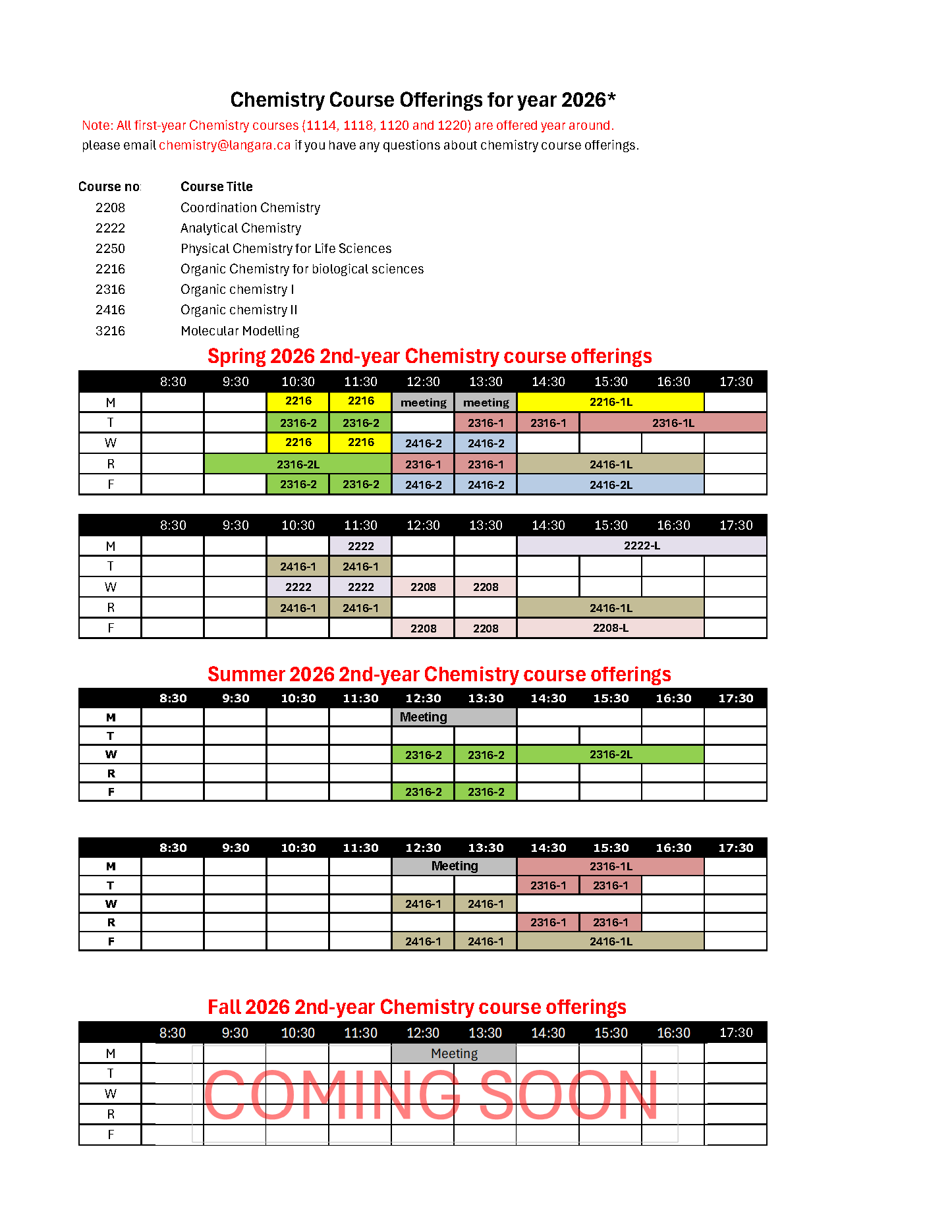 Chemistry Summer 2026 Scheduling