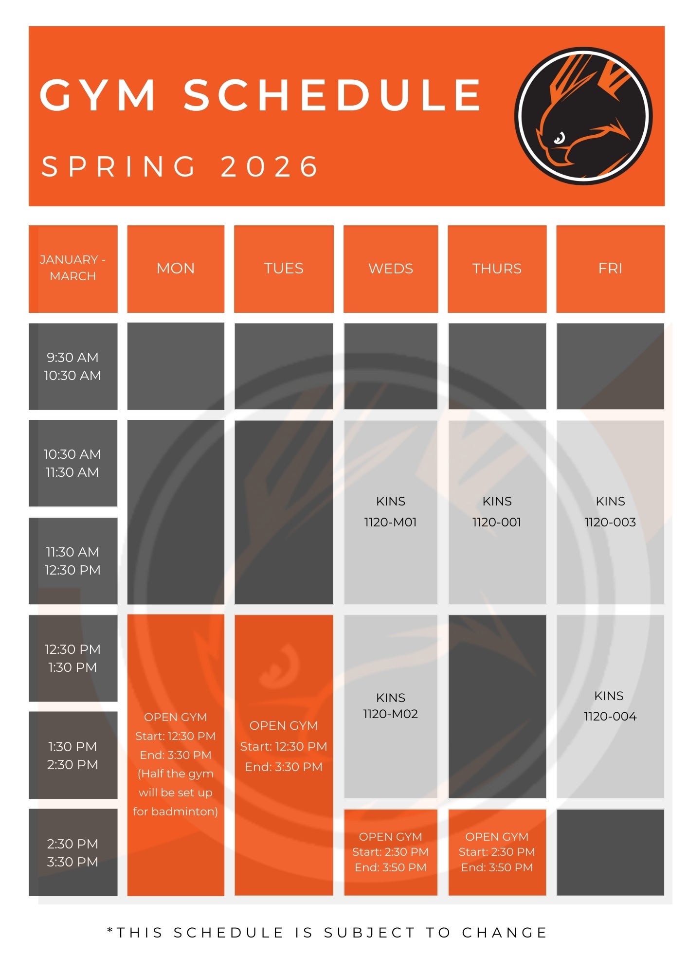 Gymnasium Schedule for Spring 2026