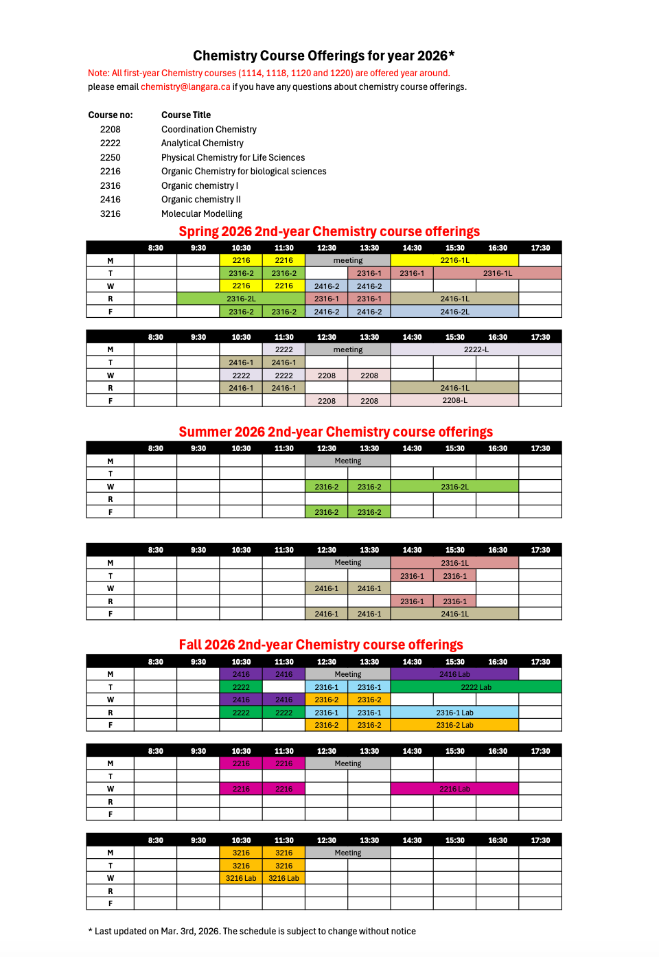 Chemistry 2nd year course offerings 2026