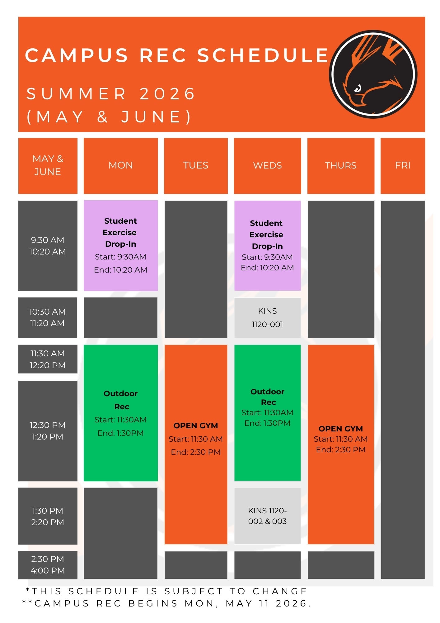 Campus Rec Schedule for May and June 2026