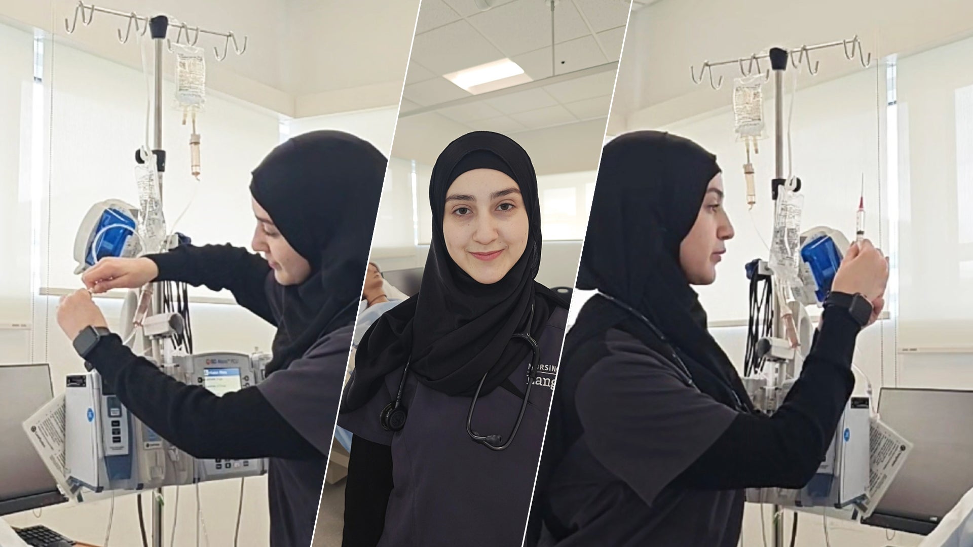 Photo collage of student Layla Ayyash in nursing laboratory.