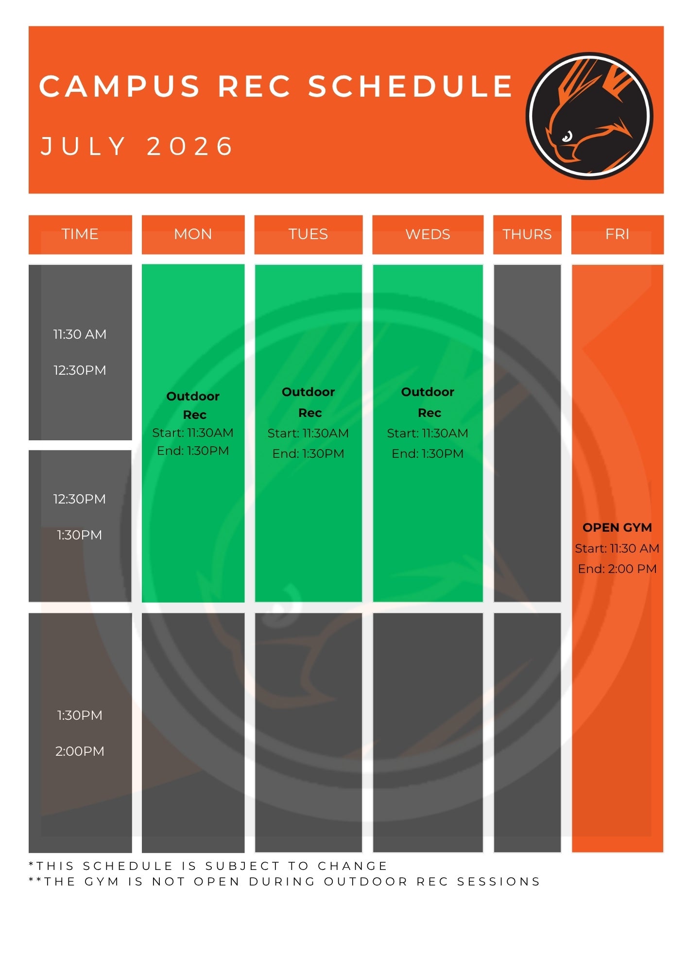 Campus Rec Schedule for July 2026