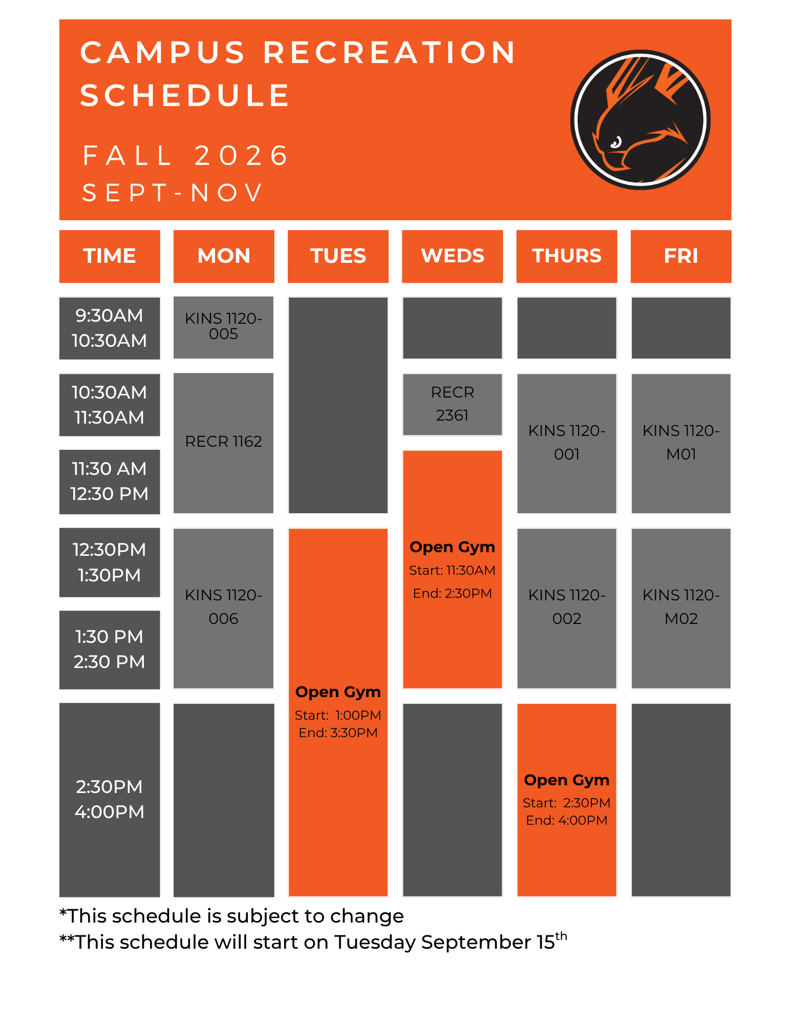Campus Rec Schedule for Fall 2026
