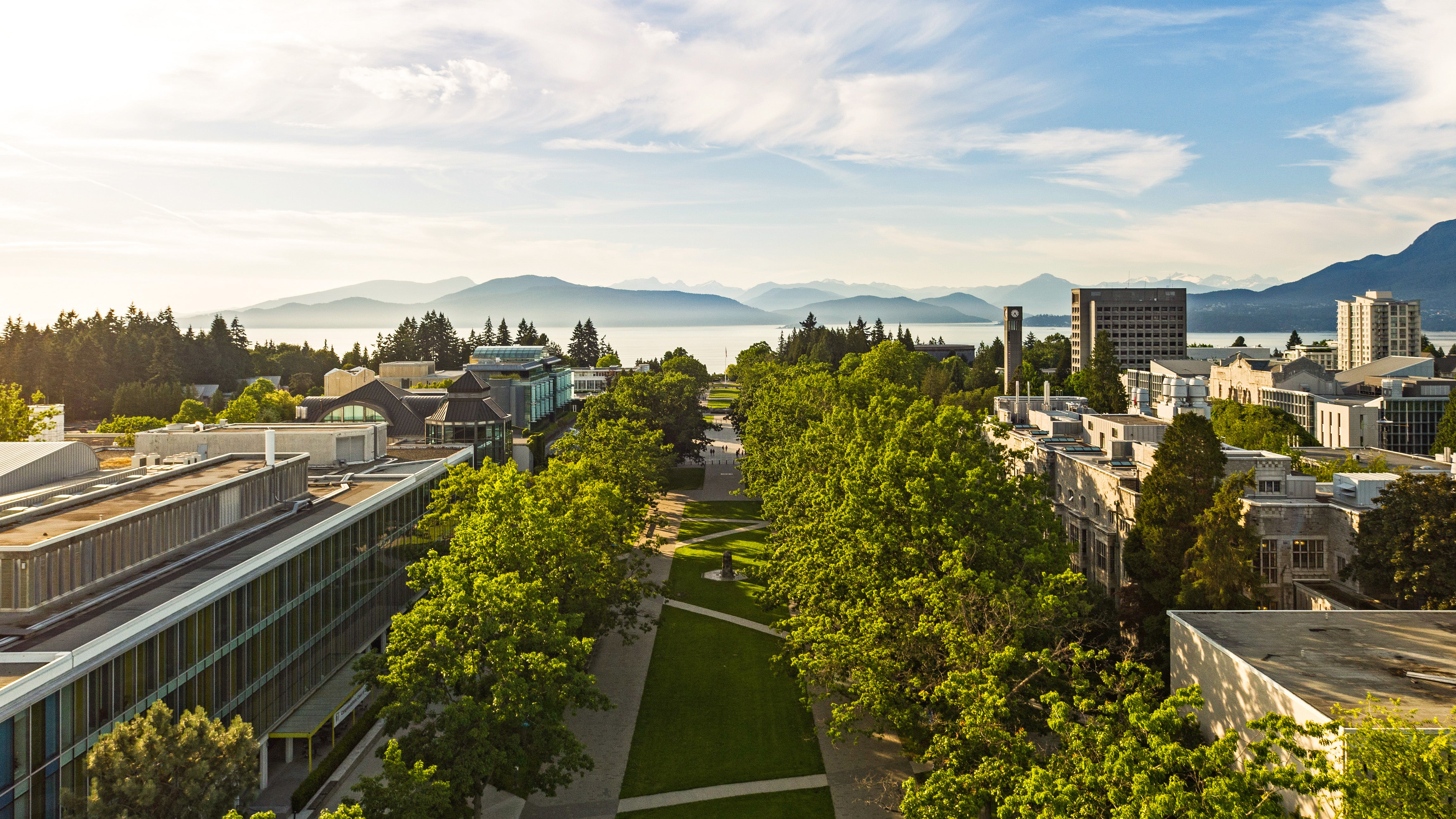Aerial image of UBC's Point Grey campus looking through to the Strait of Georgia.