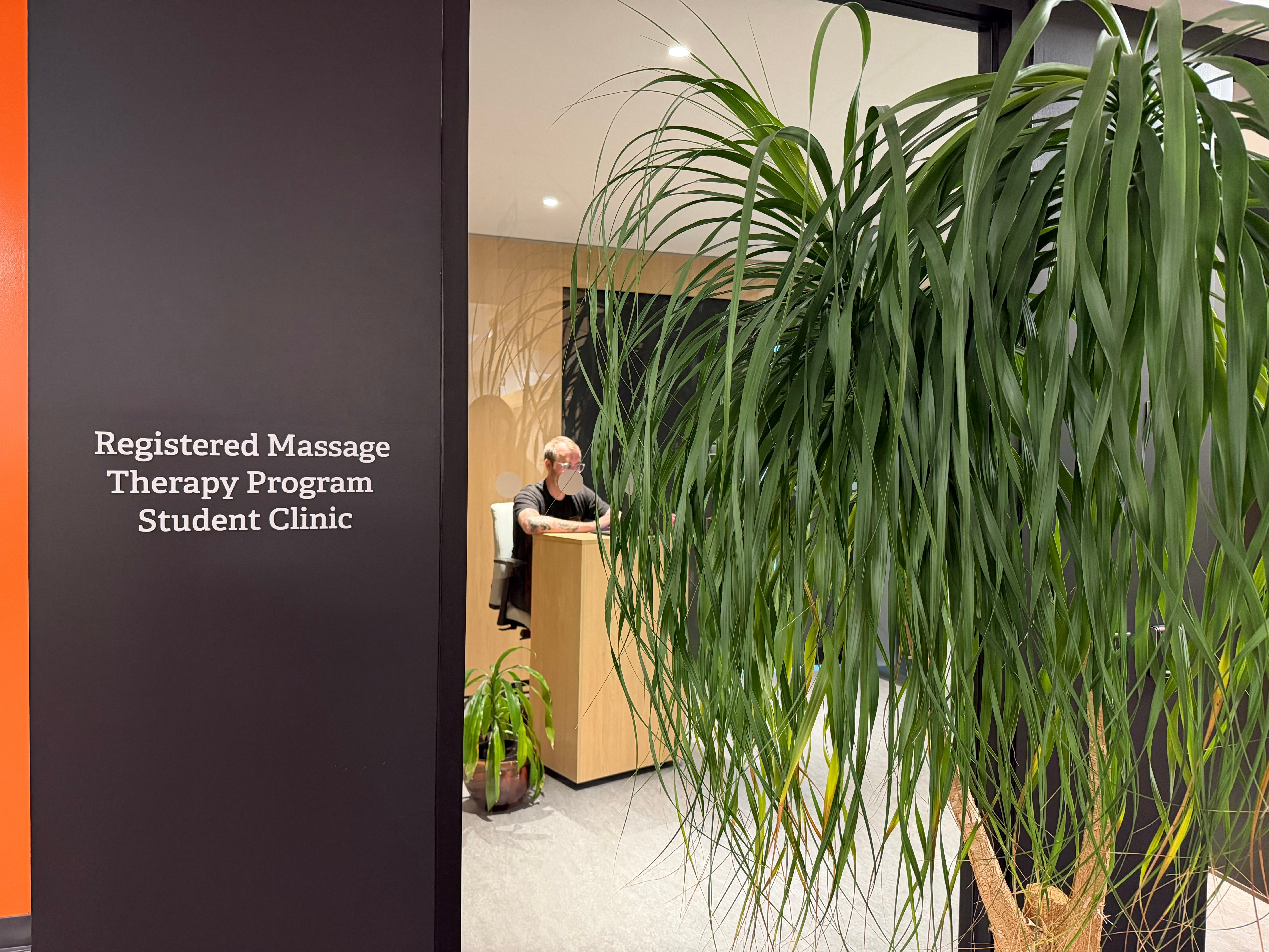 Looking into the reception area of Langara College's new RMT student clinic. 