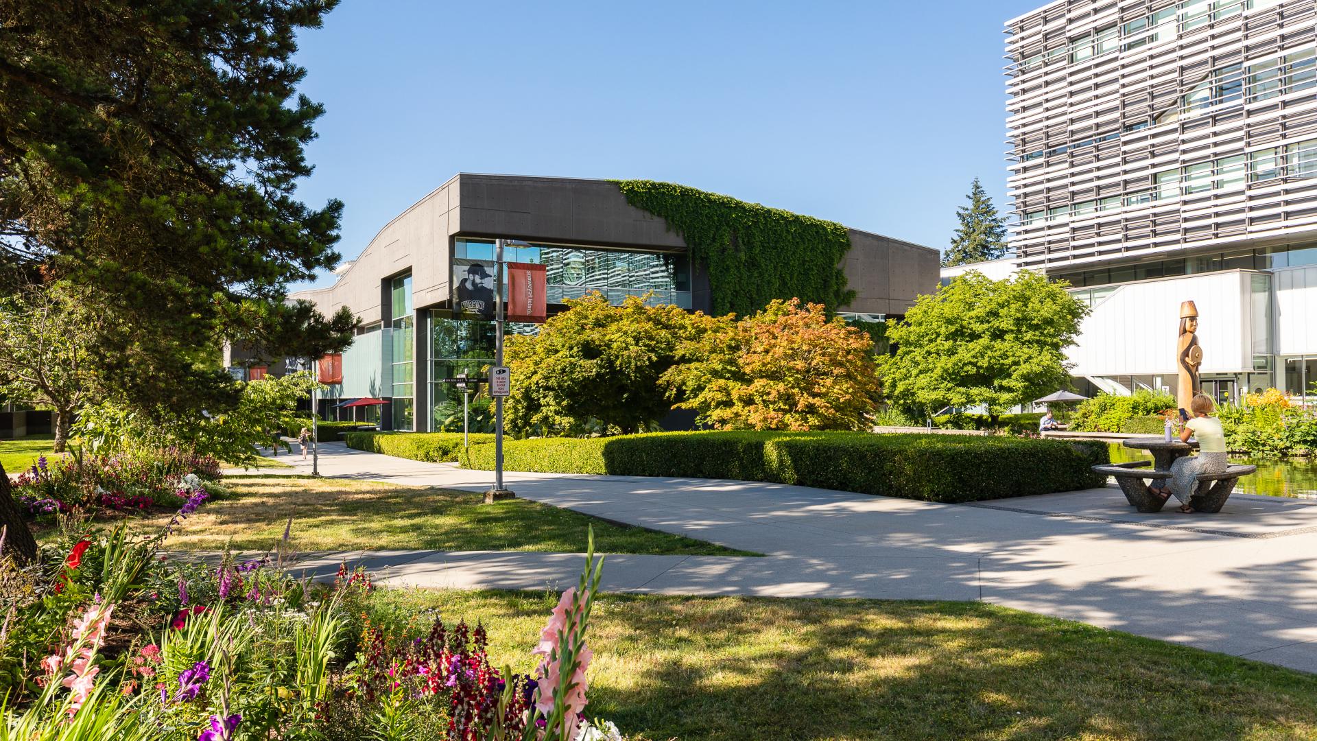 Langara Main Campus Library and T Building with Welcome Post.