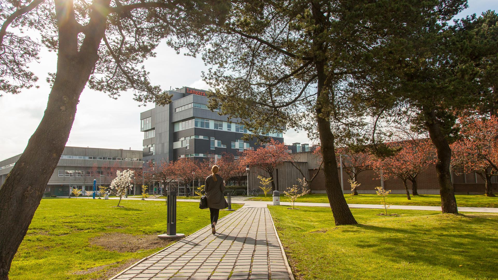 Students walk on sunny langara campus