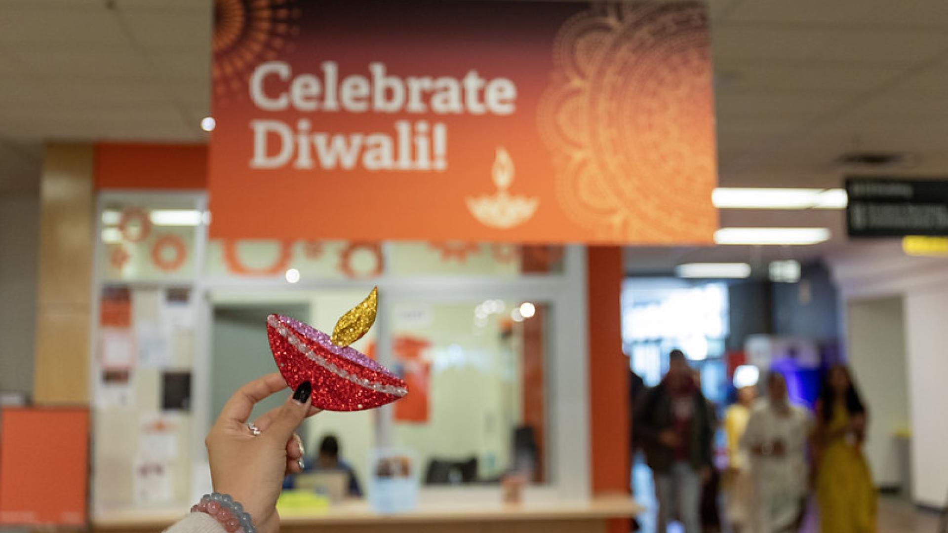 Diwali banner hung in the A Foyer.