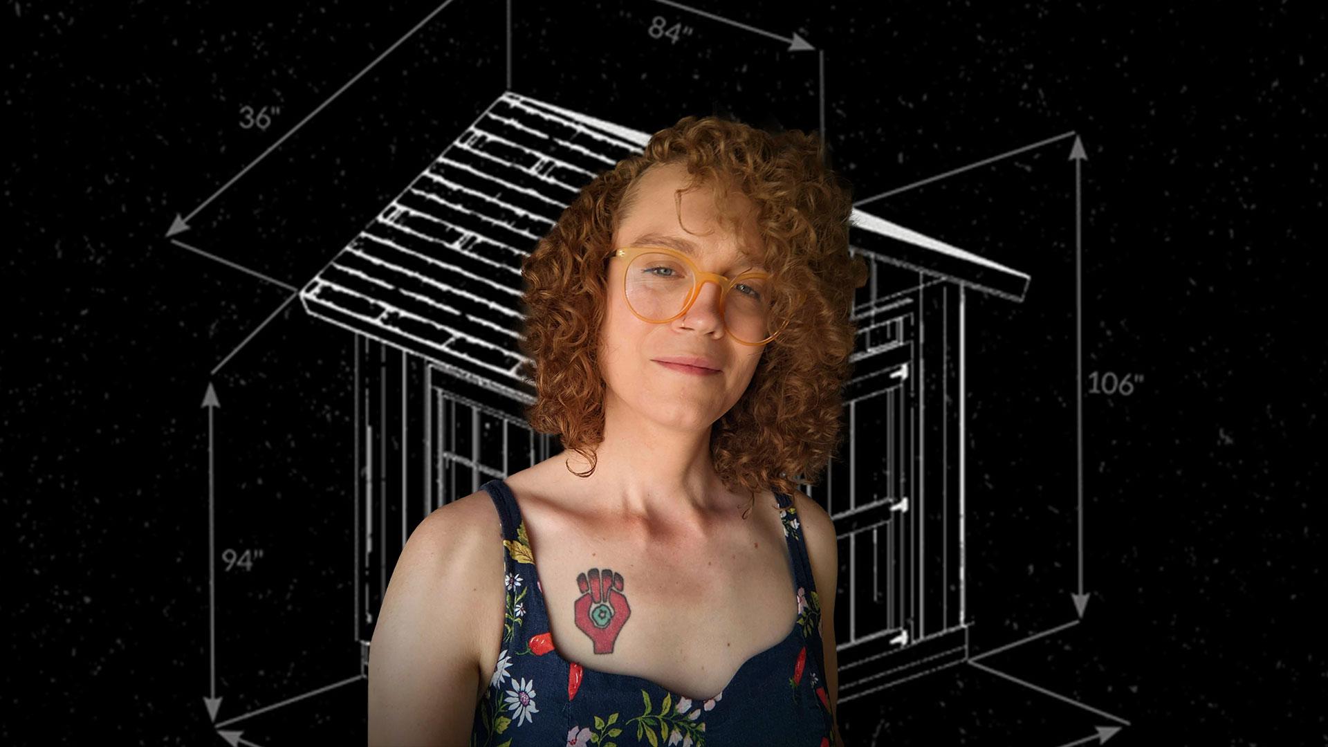 Harman Burns in front of the cover of her novella "Yellow Barks Spider"