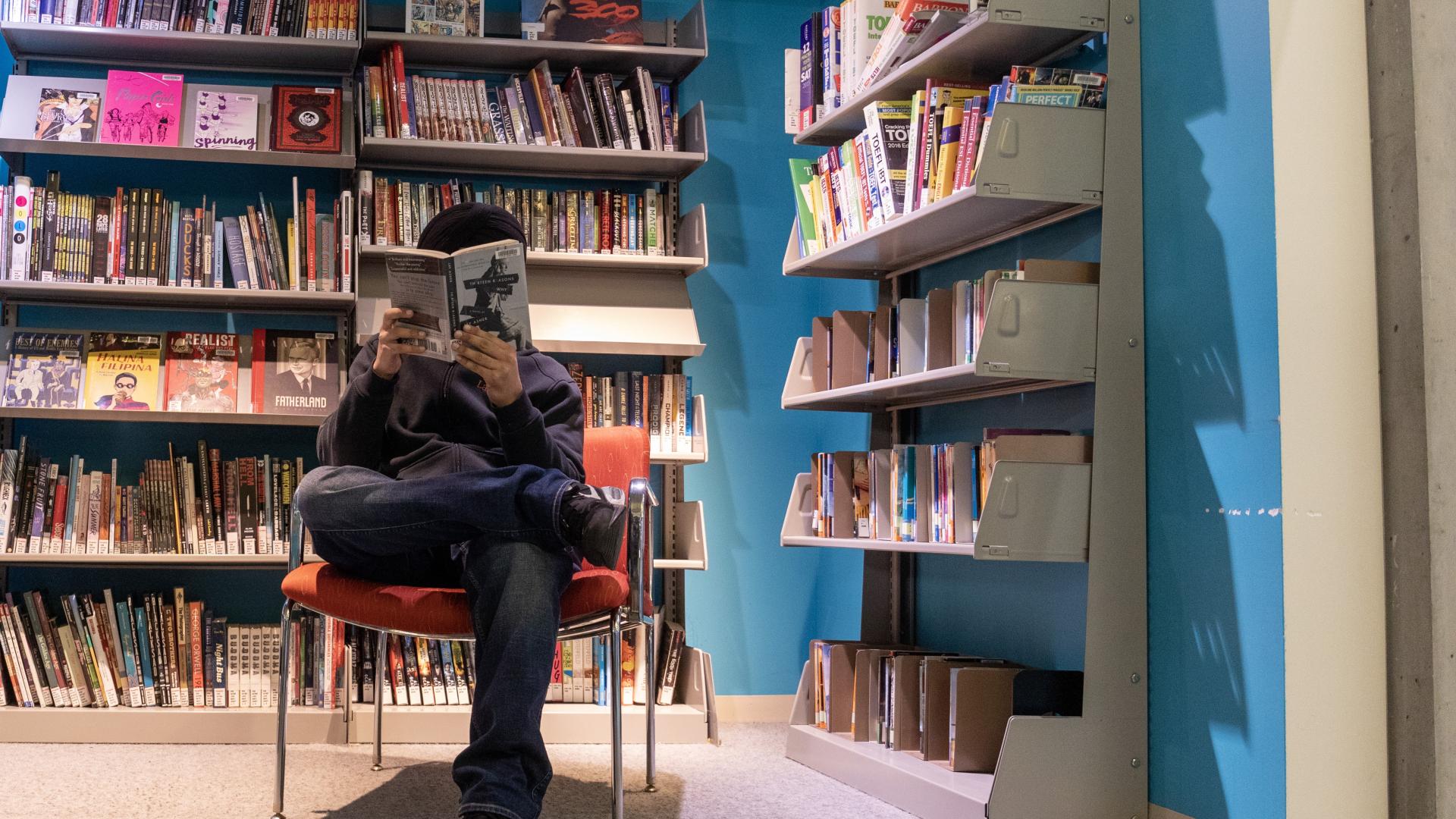 Student reading in the library