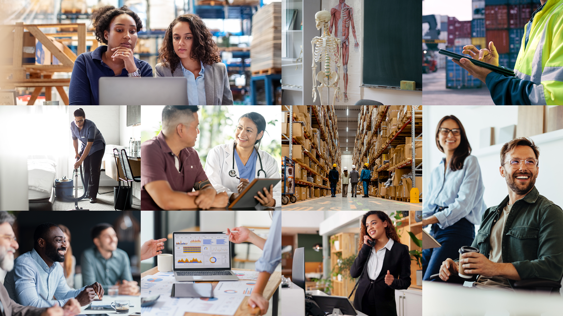 College of students smiling in a variety of settings.