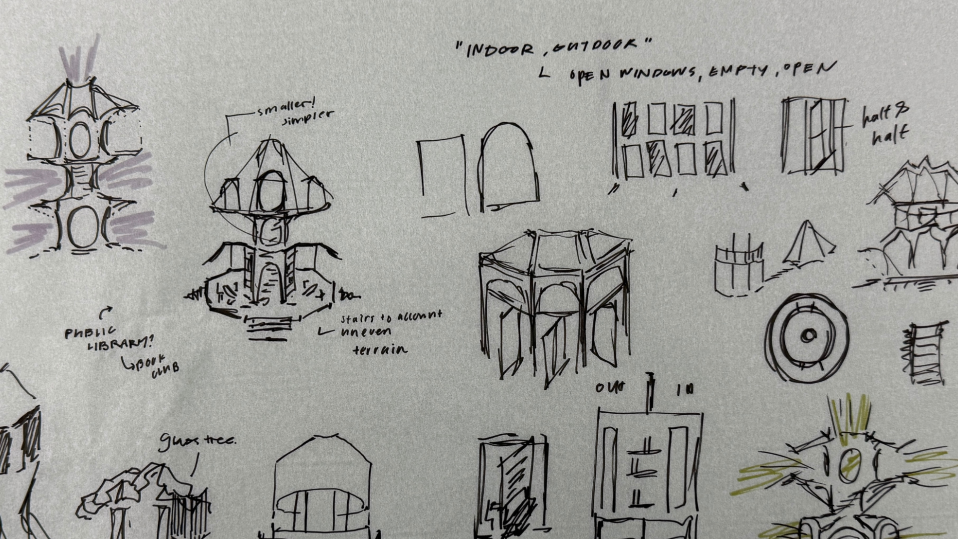 Hand sketches of architectural elements on white paper.