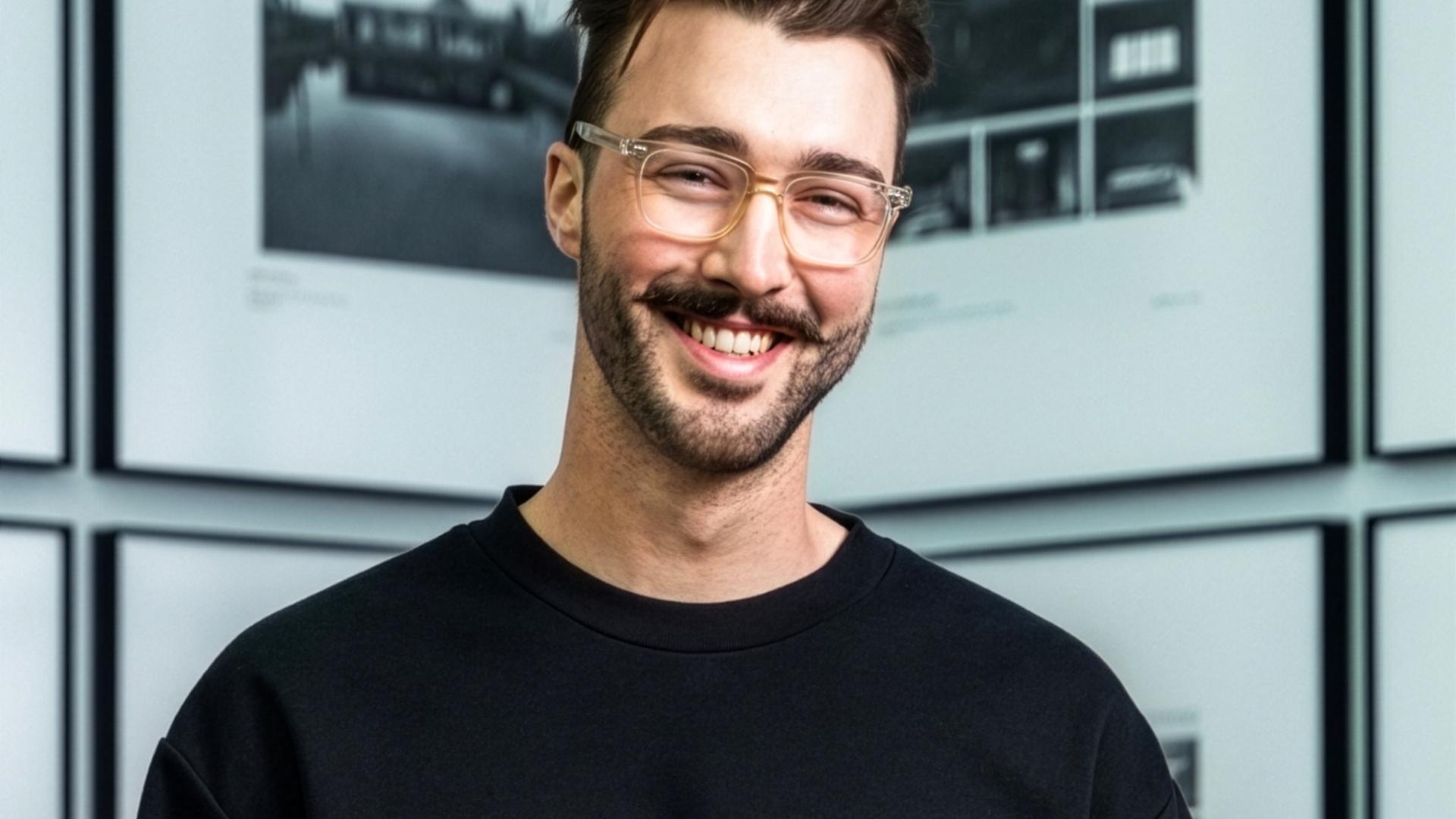 Smiling person wearing clear-framed glasses and a black shirt, standing in front of a wall of framed black-and-white design images.