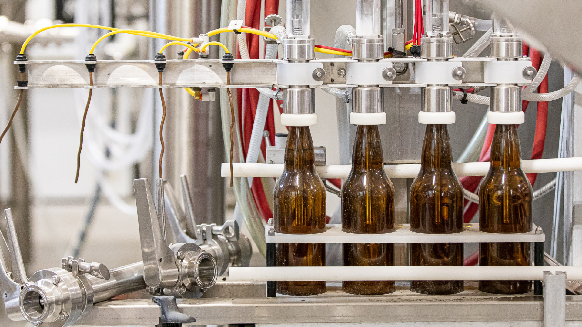 Brown beer bottles being filled on a production line at Barnside Brewing in Ladner, B.C.