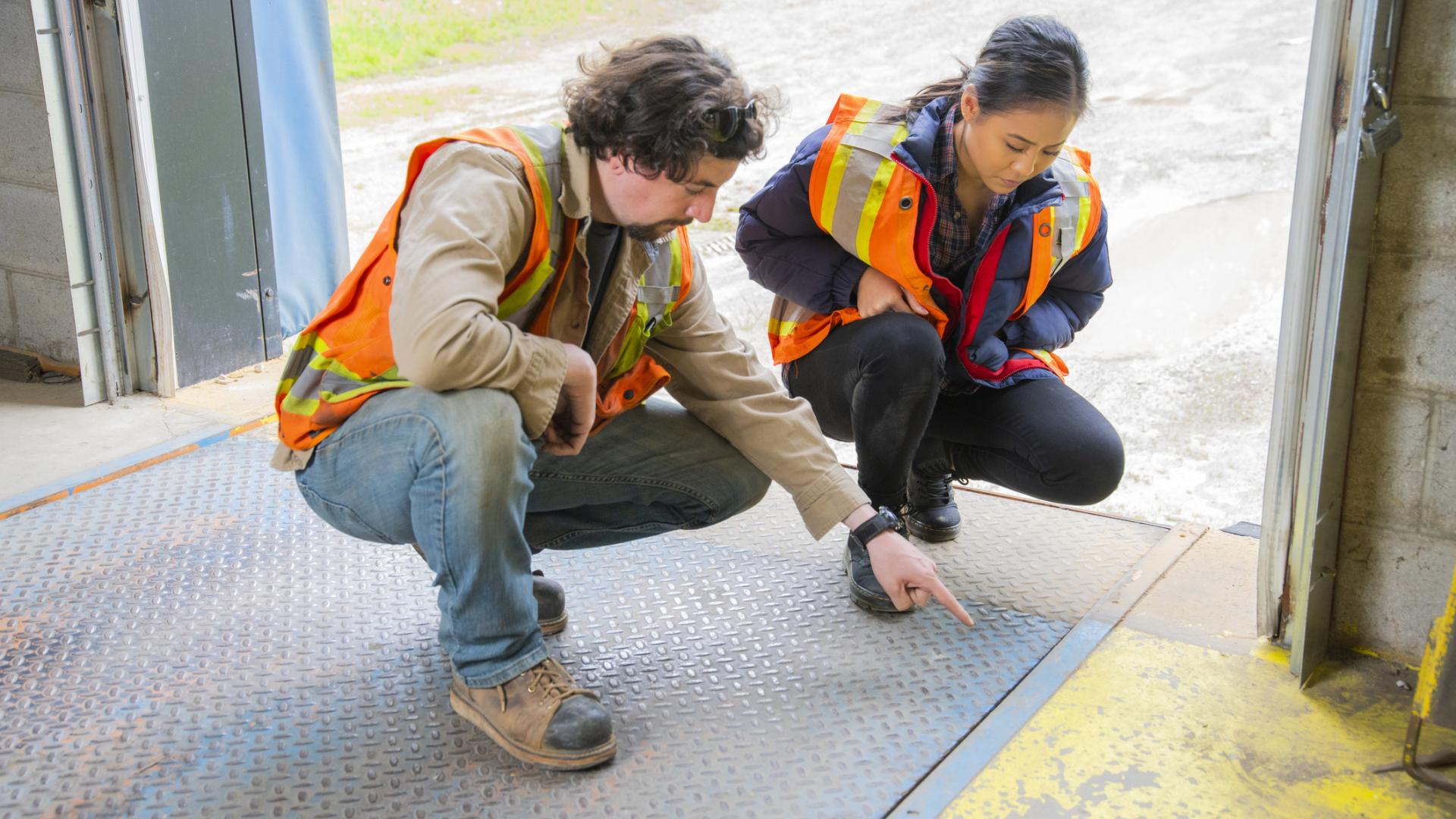 Stock image of two workplace safety officers analyzing a potential hazard.
