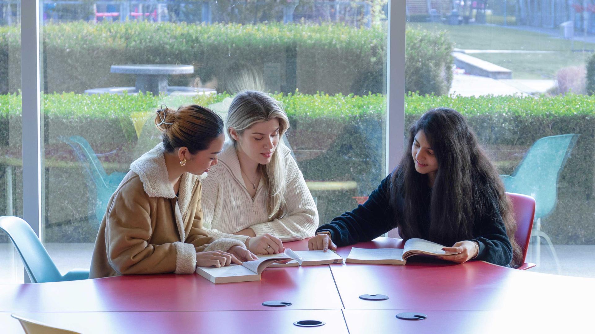 Students sharing advice in the library.