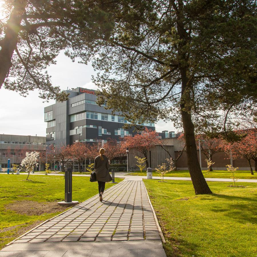 Students walk on sunny langara campus