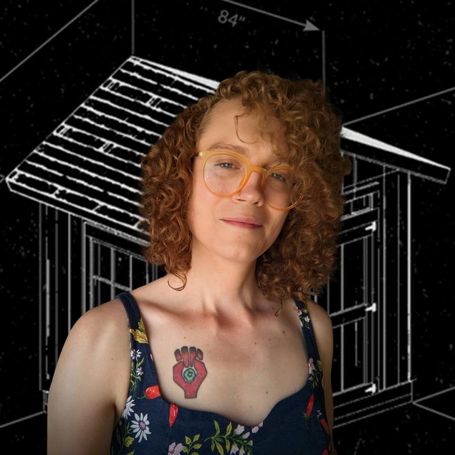 Harman Burns in front of the cover of her novella "Yellow Barks Spider"