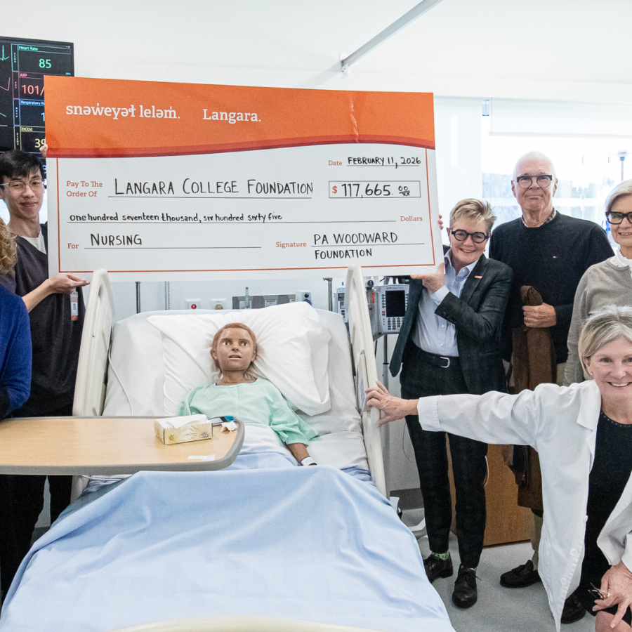 Cheque presentation from PA Woodward Foundation to Langara College's Nursing program.