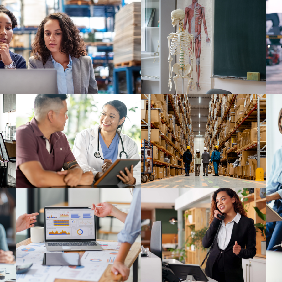 College of students smiling in a variety of settings.