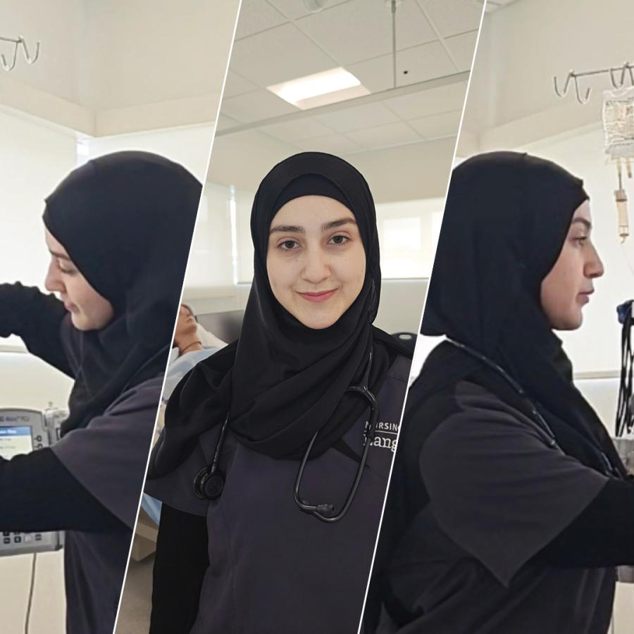 Photo collage of student Layla Ayyash in nursing laboratory.