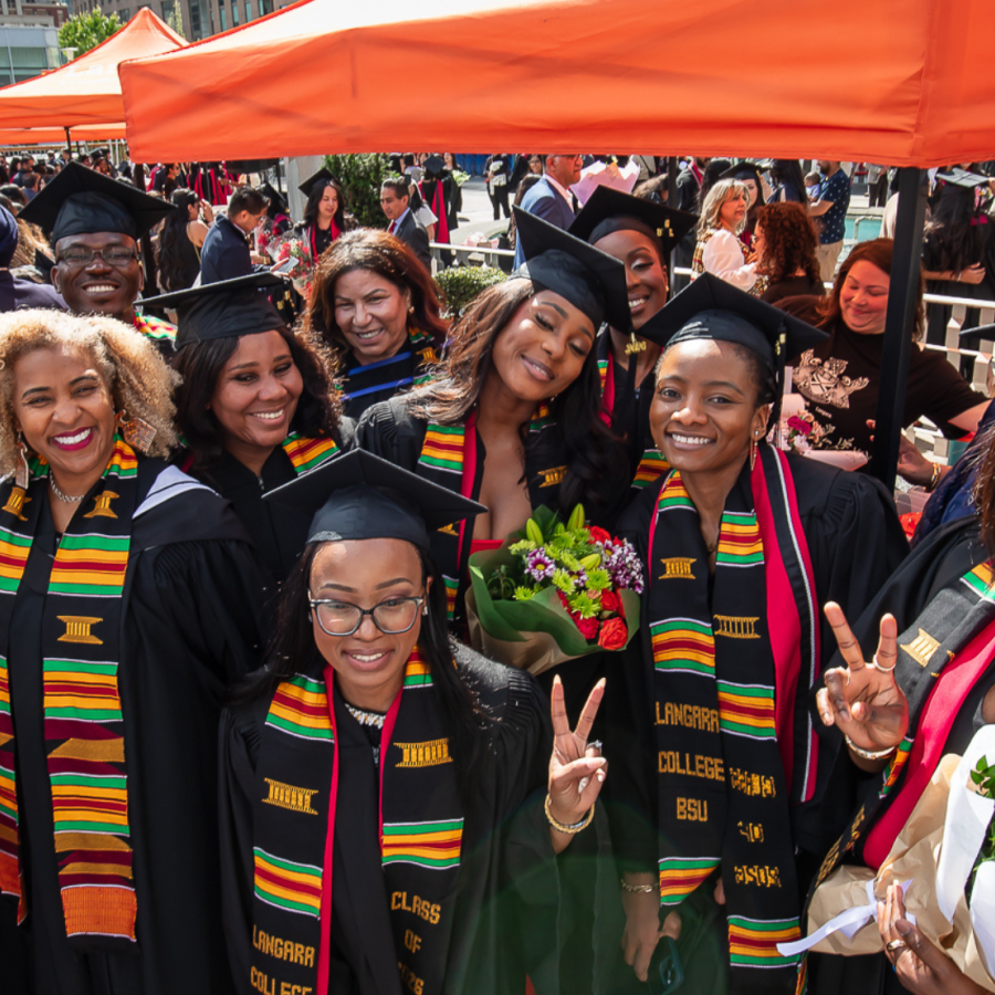 Langara Black Student Union (LBSU) graduates wearing Kente stoles at 2026 Convocation.