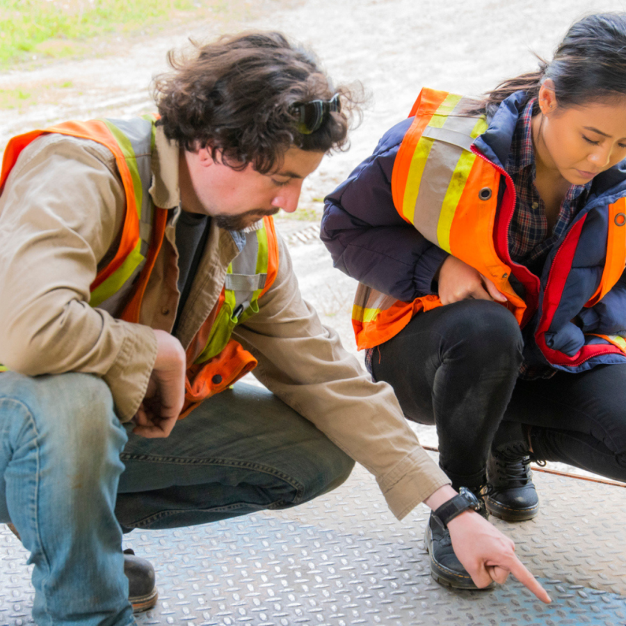 Stock image of two occupational health and safety officials analyzing a potential hazard.