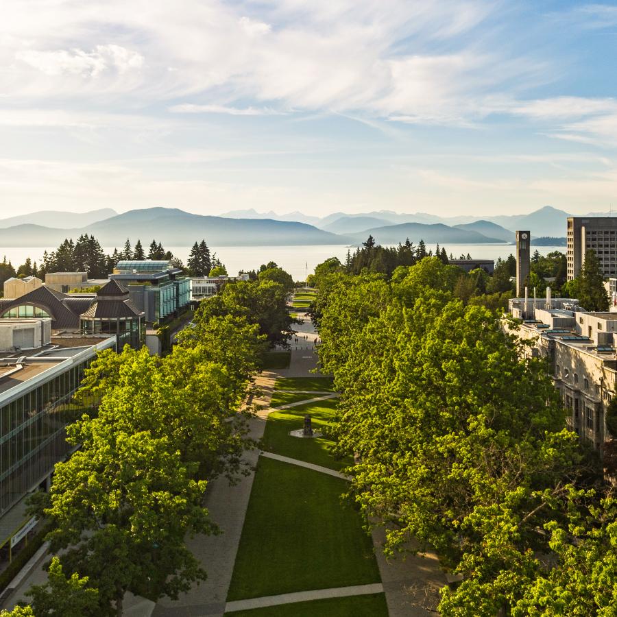 Aerial image of UBC's Point Grey campus looking through to the Strait of Georgia.
